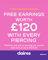 Free Earrings for a year when you get pierced at Claire's
